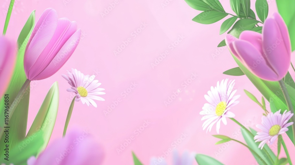 Pink tulips and daisies on pink background. Pink tulips and daisies on pink background.