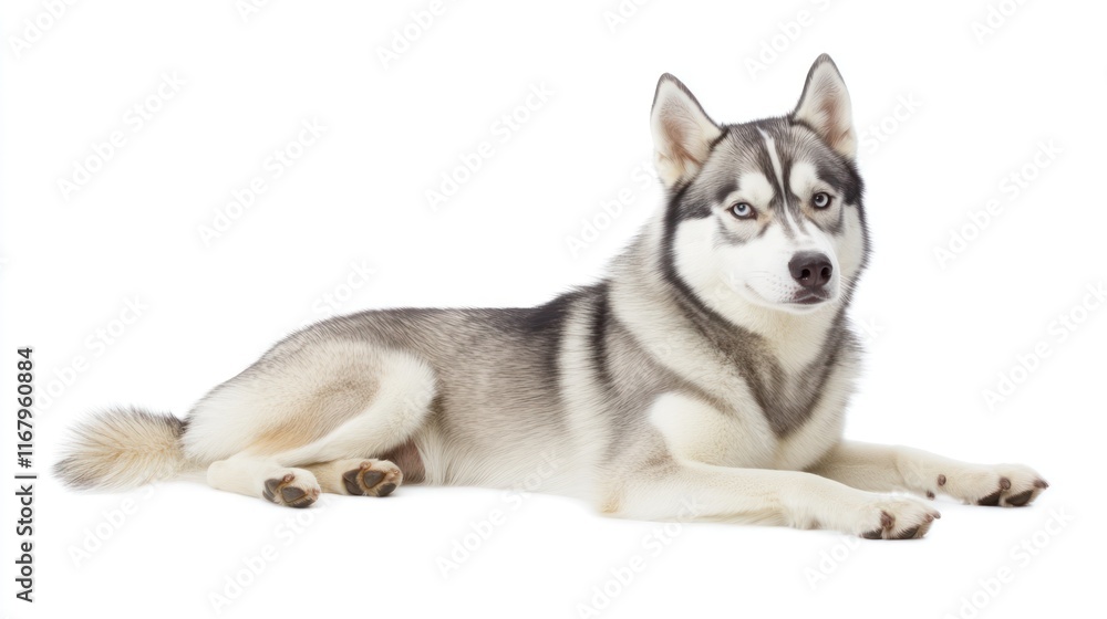 Gray and white Siberian Husky dog lying down on white background. Gray and white Siberian Husky dog lying down on white background.