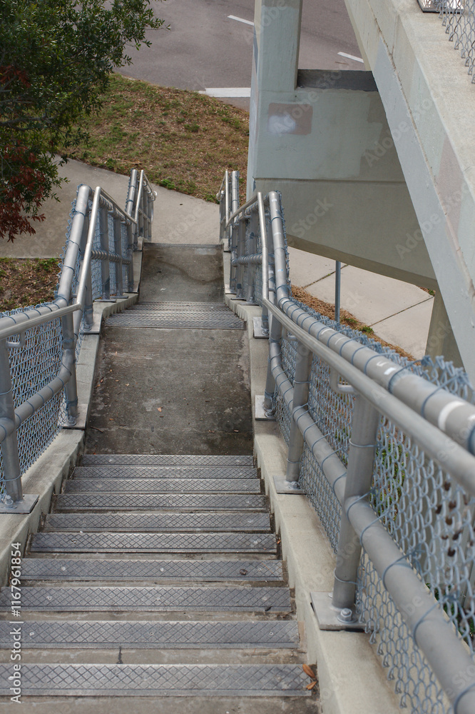 Obraz premium Leading lines looking down tall stairs and landing with metal railings on left beside nature trail in St. Petersburg, FL. Green tree, grass and sidewalk at bottom. Cloudy day. No people room for copy