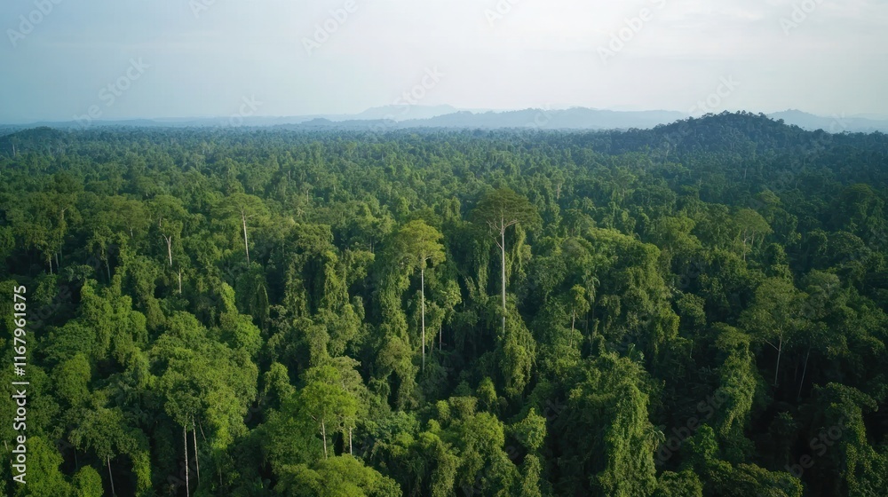Aerial view of vast, lush rainforest canopy with tall trees and distant mountains under a light sky. Aerial view of vast, lush rainforest canopy with tall trees and distant mountains under a light sky.