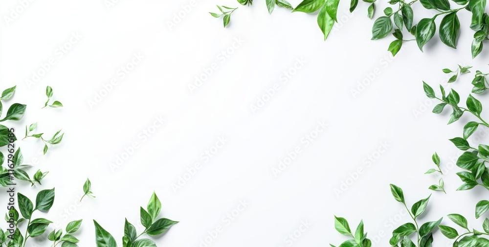 Lush green leaves border on white background; copy space. Lush green leaves border on white background; copy space.