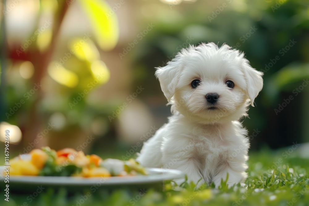 Adorable white puppy sitting on grass near a plate of healthy food. Adorable white puppy sitting on grass near a plate of healthy food.