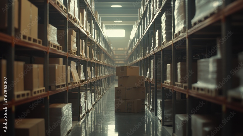 Long aisle in a warehouse with stacks of cardboard boxes on shelves. Long aisle in a warehouse with stacks of cardboard boxes on shelves.