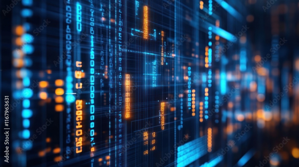 Abstract digital data stream, glowing blue and orange binary code on dark background. Abstract digital data stream, glowing blue and orange binary code on dark background.