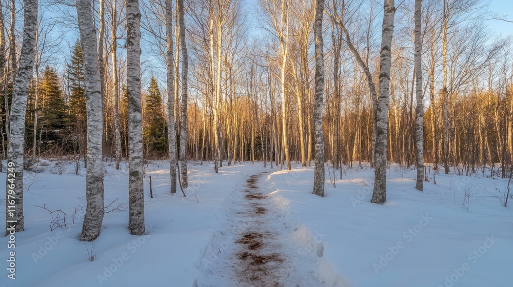 Snow-covered path through a birch forest at sunset. Snow-covered path through a birch forest at sunset.