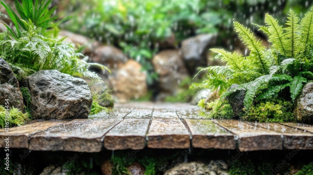 Wooden path in a lush, rain-soaked garden with ferns and rocks. Wooden path in a lush, rain-soaked garden with ferns and rocks.