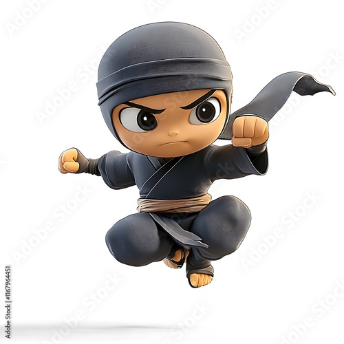 A 3D rendering of a cute cartoon ninja mid-leap, poised for action. photo