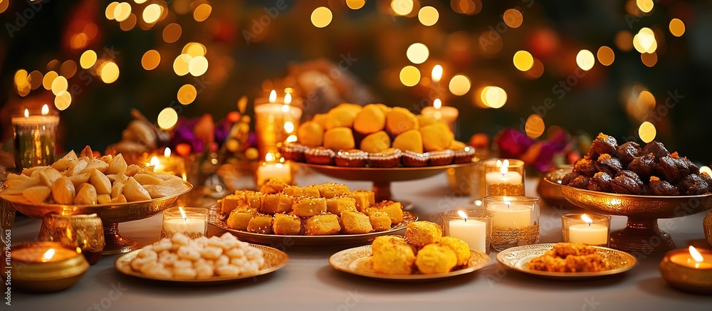 Festive table with sweets and candles, warm ambiance. Festive table with sweets and candles, warm ambiance.