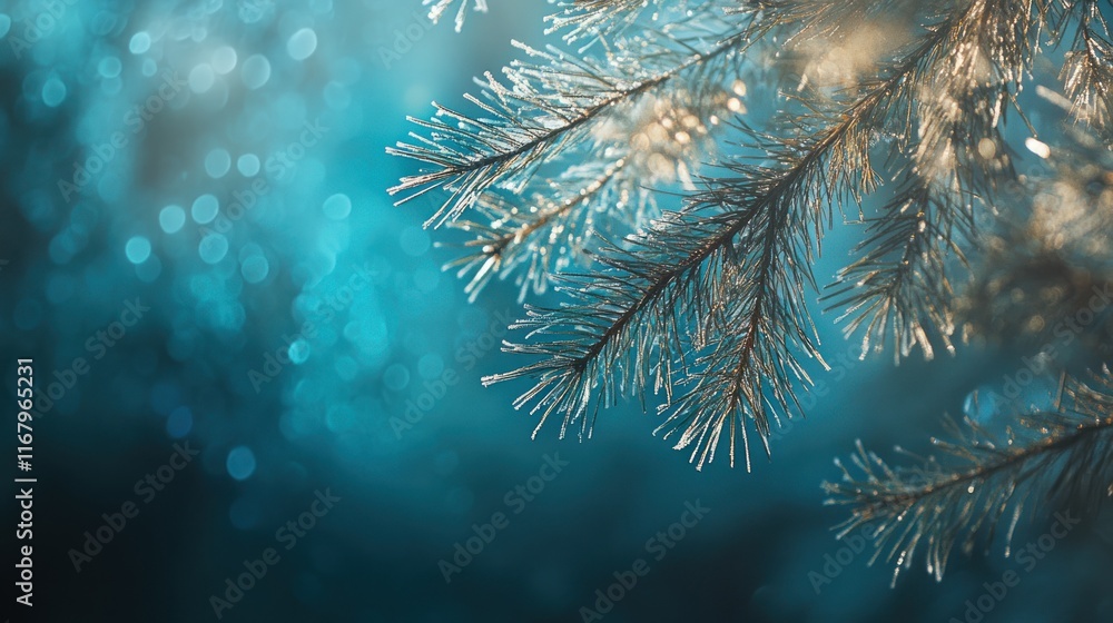 Frost-covered pine branch against a teal bokeh background. Frost-covered pine branch against a teal bokeh background.
