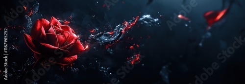 A dark background with an illuminated red rose