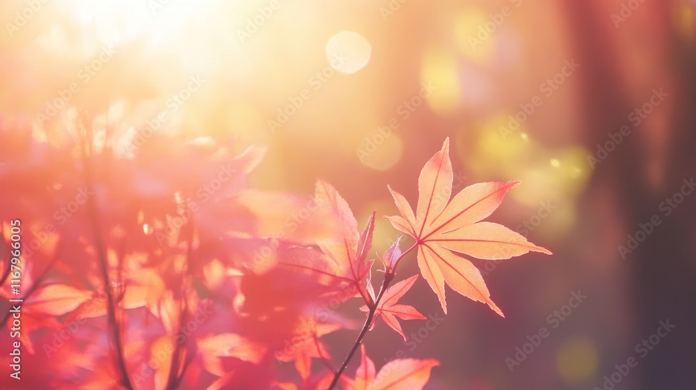 Vibrant red maple leaves glowing in warm autumn sunlight. Vibrant red maple leaves glowing in warm autumn sunlight.