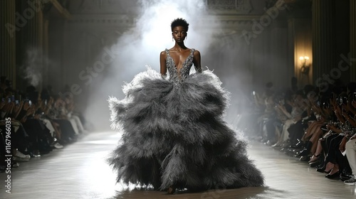 A runway model in a voluminous feathered gown, making a statement photo