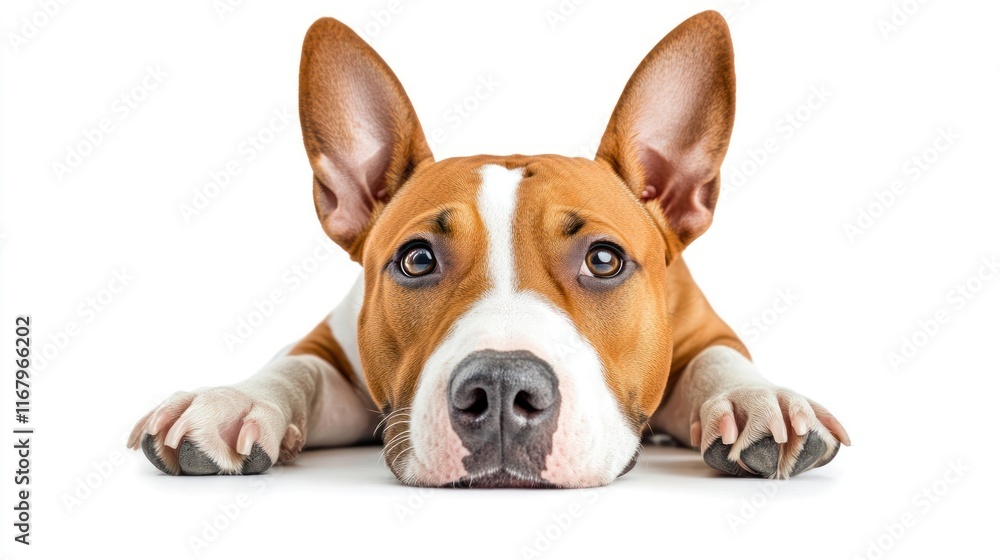 Adorable brown and white dog lying down, looking directly at the camera on a white background. Adorable brown and white dog lying down, looking directly at the camera on a white background.