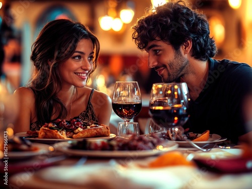 Um casal apaixonado troca olhares apaixonados durante um jantar romântico, expressando a intensidade do amor e a celebração de um momento especial photo