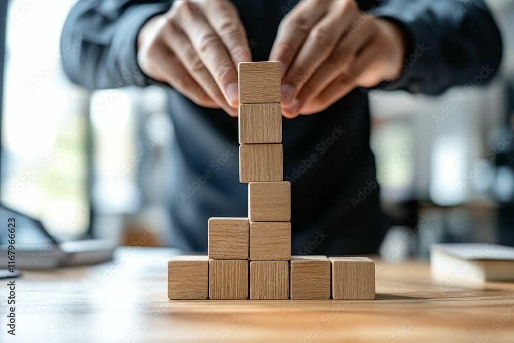 Person carefully stacking wooden blocks on table. Person carefully stacking wooden blocks on table.