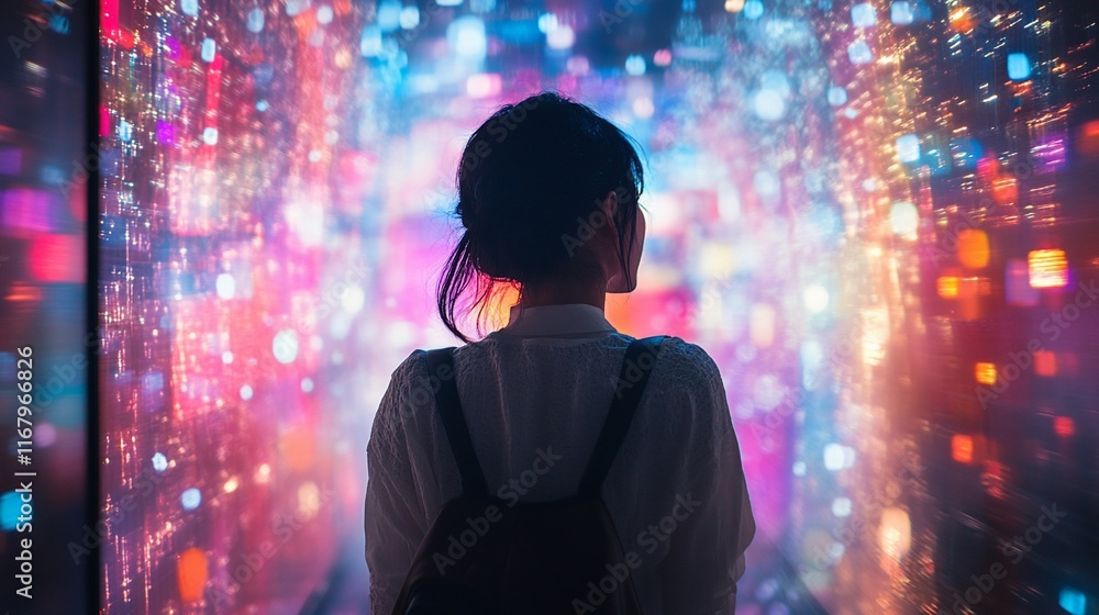 Woman standing in vibrant, colorful, digital light tunnel. Woman standing in vibrant, colorful, digital light tunnel.