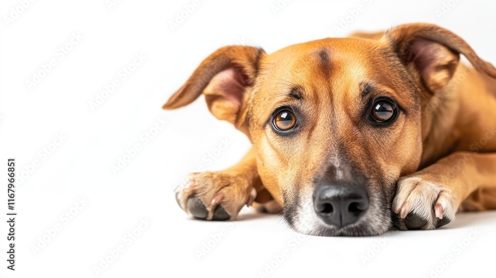 Close-up of a brown dog lying down, looking at the camera with sad eyes against a white background. Close-up of a brown dog lying down, looking at the camera with sad eyes against a white background.