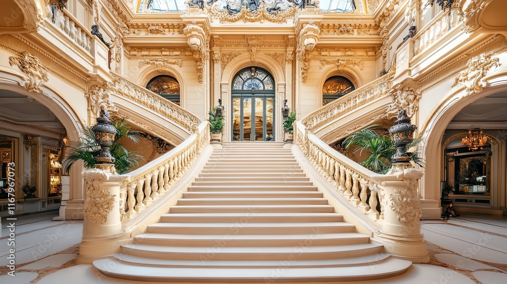 Elegant staircase inside a luxurious mansion with ornate details and soft lighting. Elegant staircase inside a luxurious mansion with ornate details and soft lighting.