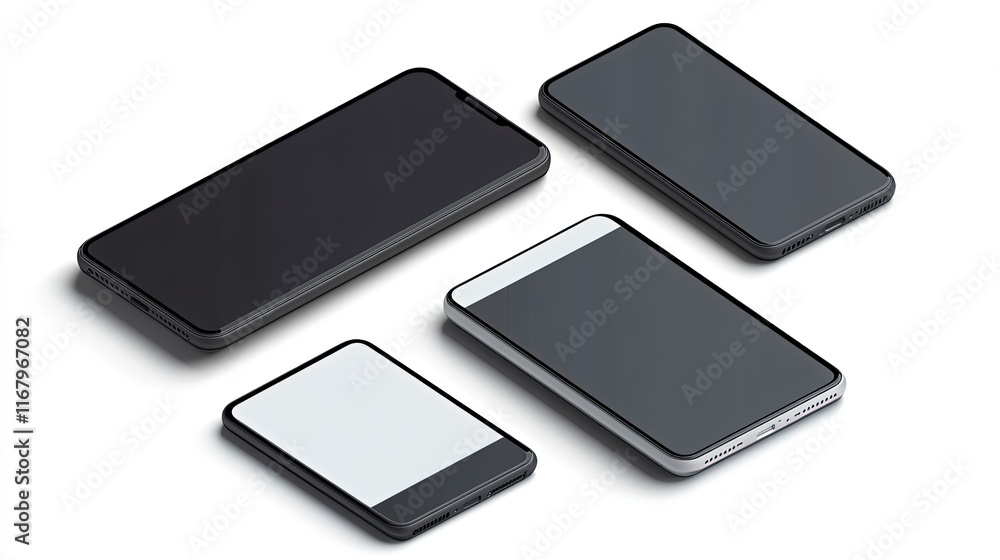 Four smartphones lying flat in a diagonal pattern on a white background. Four smartphones lying flat in a diagonal pattern on a white background.