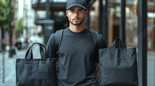 Man carrying two black tote bags outdoors. photo