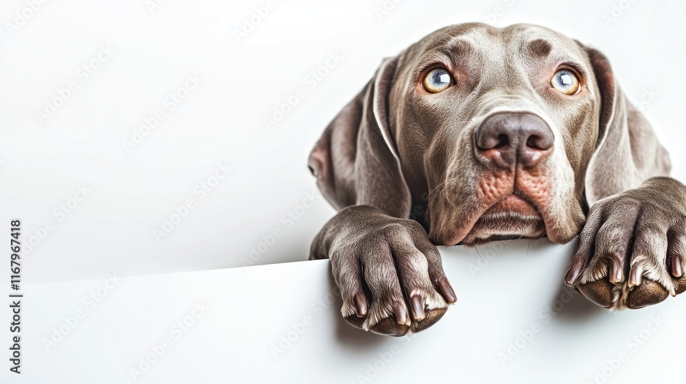 Weimaraner dog looking up, paws on blank white sign. Weimaraner dog looking up, paws on blank white sign.