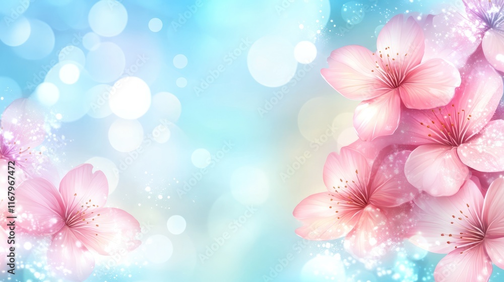 Delicate pink cherry blossoms on a soft blue background with bokeh effect. Delicate pink cherry blossoms on a soft blue background with bokeh effect.