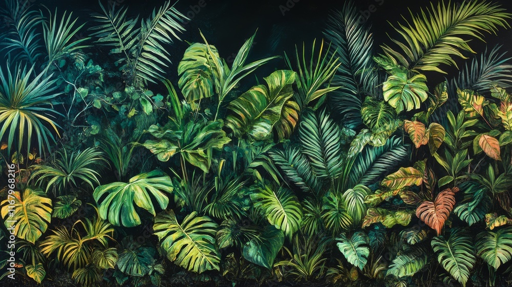 6.A dense tropical rainforest garden scene with a variety of lush foliage, including large fern fronds, palm leaves, philodendron vines, and various other tropical plants. The plants are intricately 6.A dense tropical rainforest garden scene with a variety of lush foliage, including large fern fronds, palm leaves, philodendron vines, and various other tropical plants. The plants are intricately