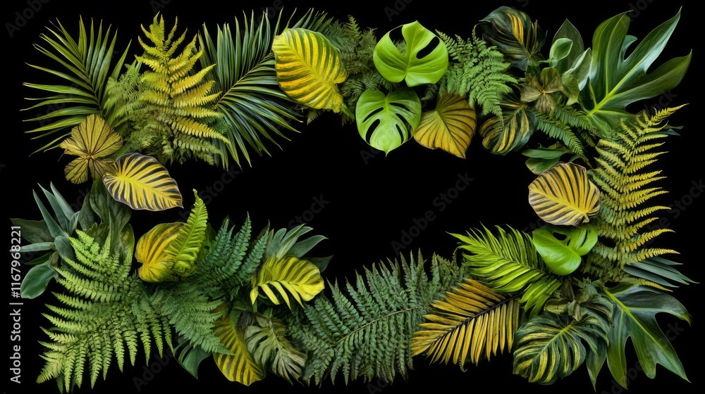 7.A vibrant composition of tropical rainforest plants such as ferns, palms, and philodendrons, arranged to form a lush, green variegated leaf pattern. The plants’ leaves, showing rich patterns of 7.A vibrant composition of tropical rainforest plants such as ferns, palms, and philodendrons, arranged to form a lush, green variegated leaf pattern. The plants’ leaves, showing rich patterns of