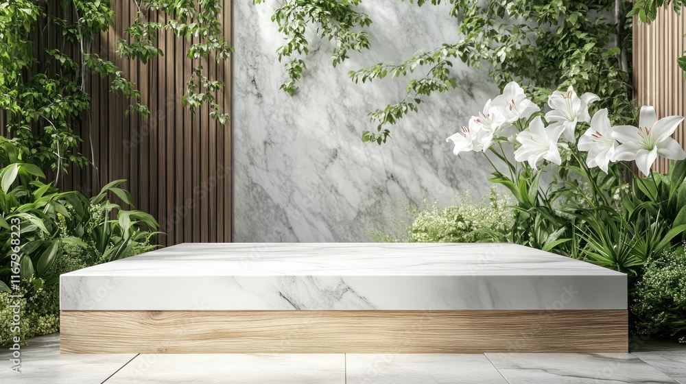 White marble podium with wooden base in lush green garden setting, sunlight. White marble podium with wooden base in lush green garden setting, sunlight.