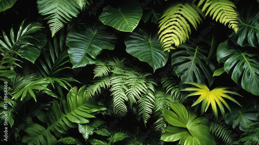 10.A detailed and lush border of tropical rainforest plants, including various fern species, palm leaves, and creeping philodendrons, arranged in a dense, organic pattern. The green variegated leaves 10.A detailed and lush border of tropical rainforest plants, including various fern species, palm leaves, and creeping philodendrons, arranged in a dense, organic pattern. The green variegated leaves