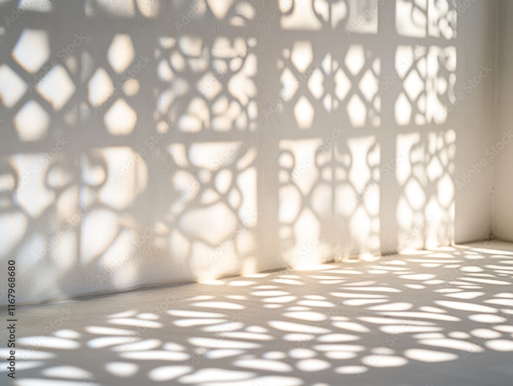Intricate shadow patterns cast on a white wall from a carved screen, sunlight illuminating the scene. Intricate shadow patterns cast on a white wall from a carved screen, sunlight illuminating the scene.