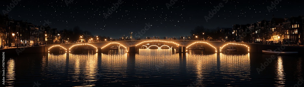 Beautiful illuminated bridge over calm water at night, serene urban landscape. Beautiful illuminated bridge over calm water at night, serene urban landscape.