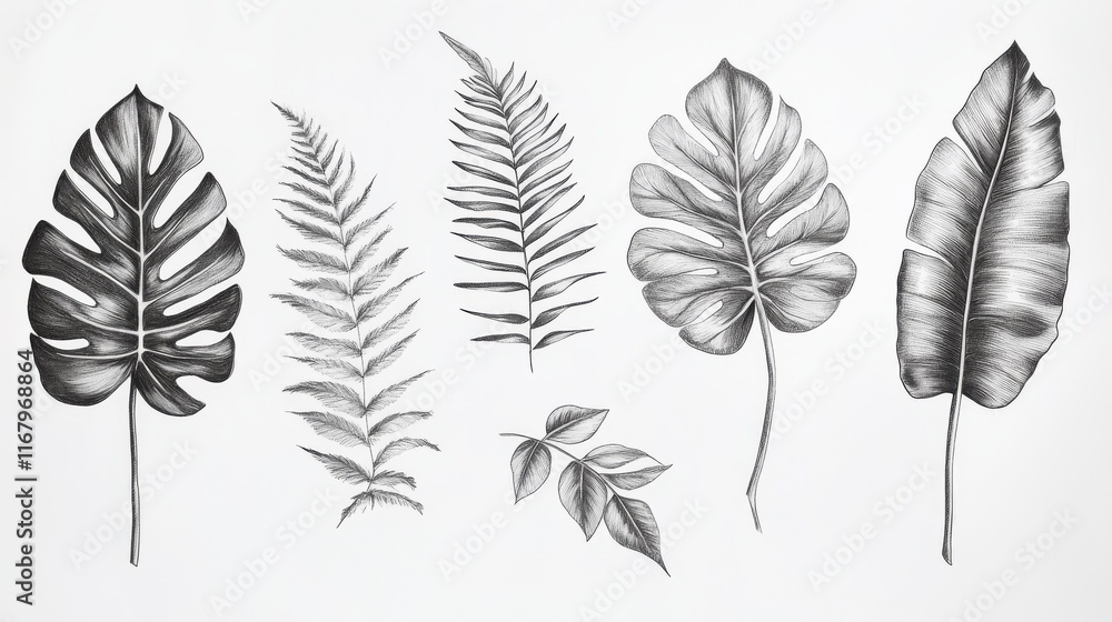 20.5. A refined hand-drawn botanical illustration featuring an assortment of tropical leaves, including large, vibrant monstera leaves, soft palm fronds, and twisting vines. The fine line work 20.5. A refined hand-drawn botanical illustration featuring an assortment of tropical leaves, including large, vibrant monstera leaves, soft palm fronds, and twisting vines. The fine line work