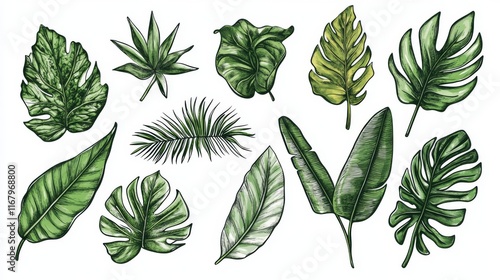 Wallpaper Mural 18.3. A beautiful hand-drawn vector composition of tropical leaves, featuring various plant species such as palm fronds, monstera leaves, and other exotic foliage. Each leaf is outlined in fine Torontodigital.ca