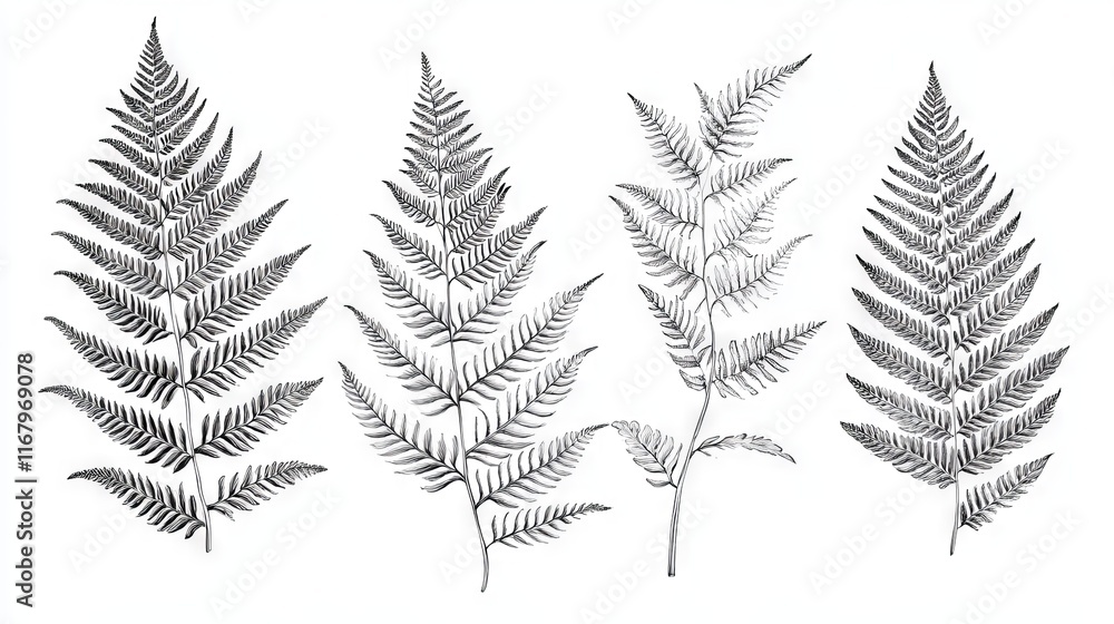 24.5. A set of vector-style line art drawings featuring various fern leaves, each outlined with intricate black lines to capture the natural beauty of the fronds. The leaves are isolated on a white 24.5. A set of vector-style line art drawings featuring various fern leaves, each outlined with intricate black lines to capture the natural beauty of the fronds. The leaves are isolated on a white