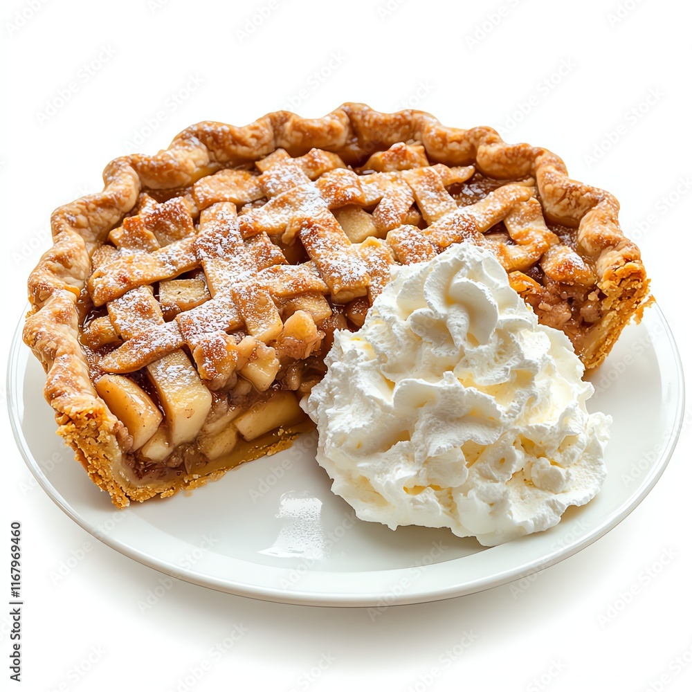 Apple pie slice with whipped cream on a white plate, isolated background. Apple pie slice with whipped cream on a white plate, isolated background.