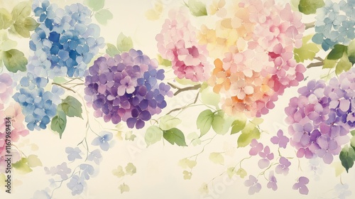 31.A floral seamless pattern with delicate watercolor hydrangeas and soft green branches arranged in a continuous, flowing design. The hydrangea flowers are painted in gentle shades of purple, pink,
