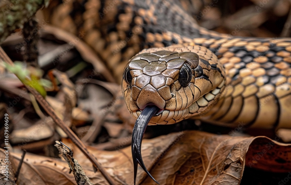 African Cobra Displaying Tongue Movement on Forest Floor Close-Up