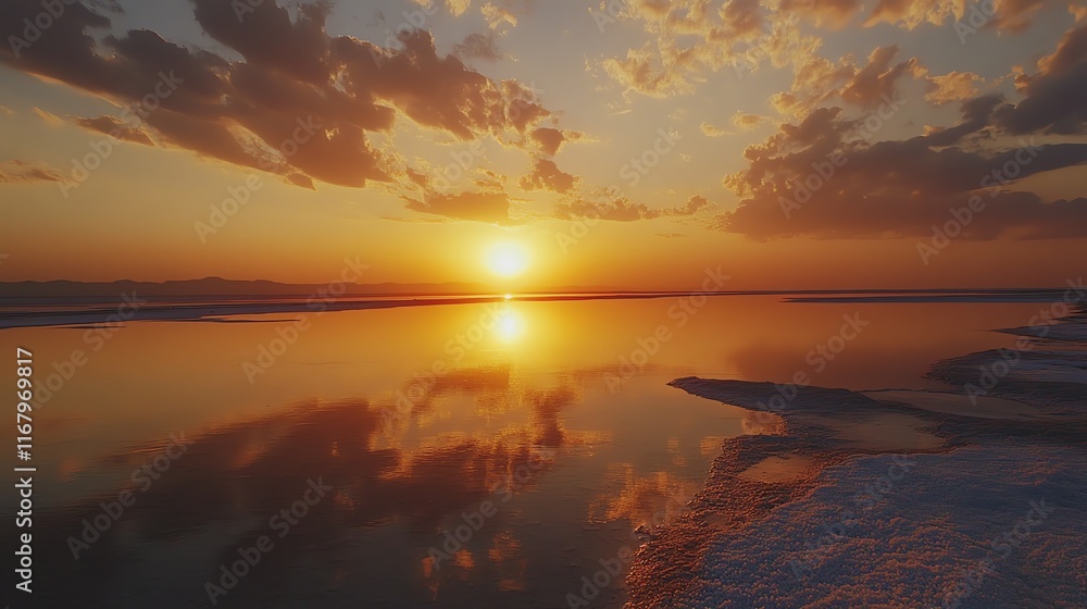Scenic sunset over calm water with reflections, vibrant colors, and serene atmosphere. Scenic sunset over calm water with reflections, vibrant colors, and serene atmosphere.
