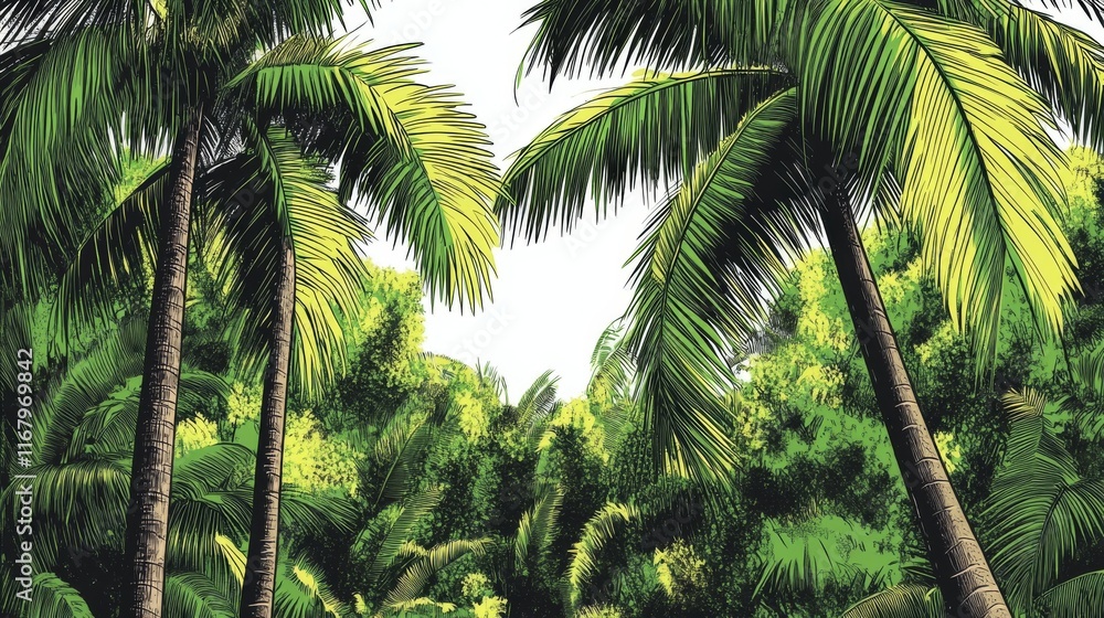 Fototapeta premium 39.A tropical vector background showcasing tall, majestic palm trees surrounded by dense, vibrant tropical foliage. The palm leaves are drawn in fine detail, with various shades of green capturing