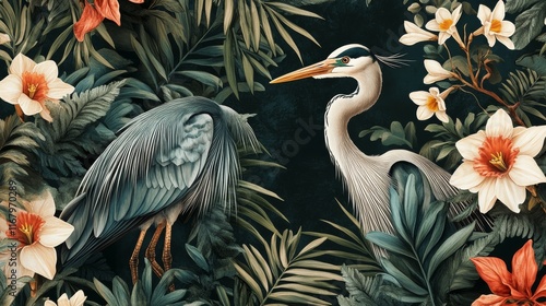 47.A luxurious tropical garden scene blending royal birds, such as a graceful heron and a resplendent crane, with a rich variety of garden flowers like narcissus, olive branches, and ferns. The photo