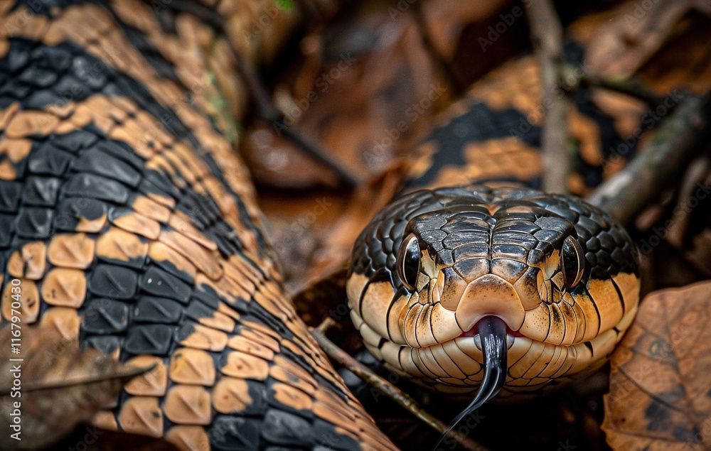 African Cobra on Forest Floor with Tongue Out in Striking Detail African Cobra on Forest Floor with Tongue Out in Striking Detail