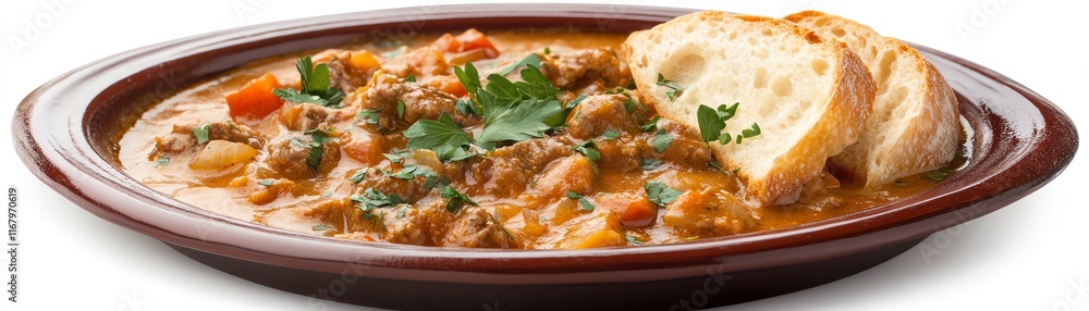 Delicious stew served with bread on a brown plate, white isolate background. Delicious stew served with bread on a brown plate, white isolate background.