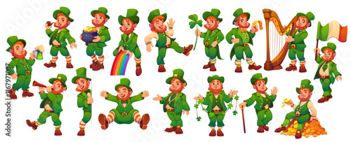 Cartoon Irish leprechaun man characters with beer, rainbow, golden coins and shamrock clover, vector icons. Saint Patrick Day or Ireland holiday leprechaun characters playing harp with green ale beer