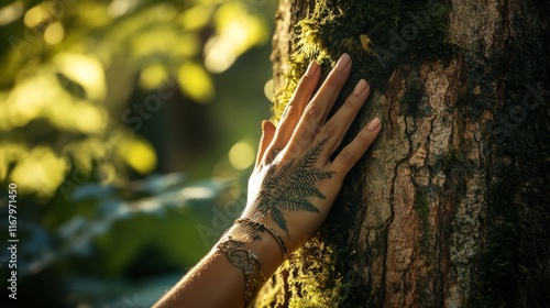 70.A peaceful moment in a sun-dappled forest where a womanâ€™s hand, adorned with an intricate fern tattoo, gently rests against the rough bark of a towering tree. The surrounding greenery, with ferns photo