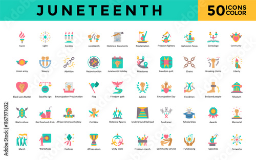 Juneteenth icon set with torch, light, candles, historical documents, proclamation, freedom fighters, galveston texas, genealogy icon. Simple flat color vector 
