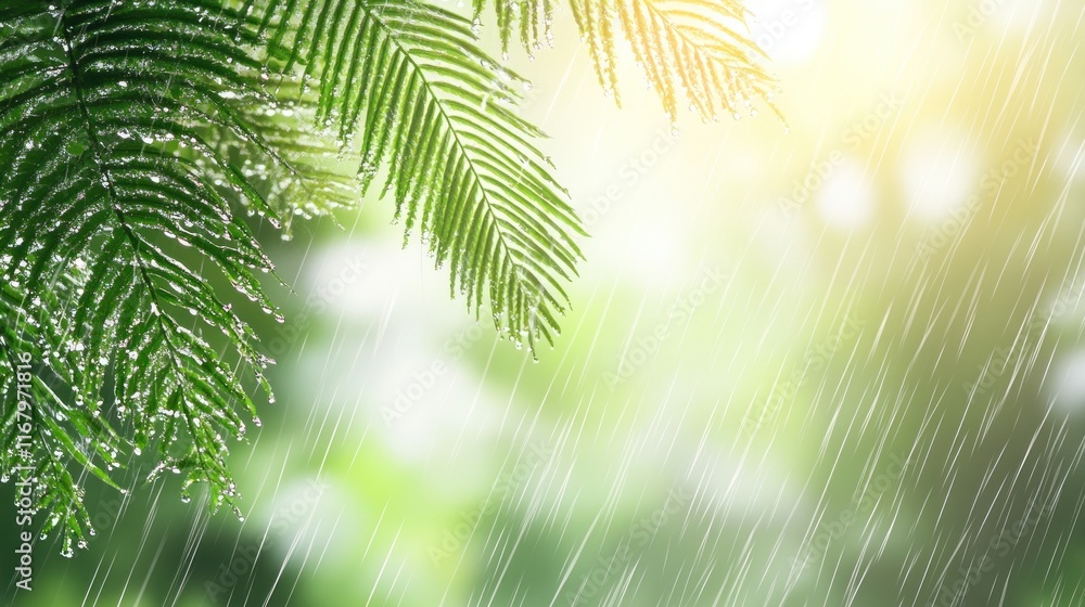 Lush green palm fronds with rain drops, sunlight through foliage. Lush green palm fronds with rain drops, sunlight through foliage.