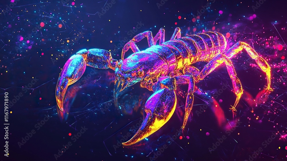 Glowing crystal scorpion with digital particle effects on dark background. Glowing crystal scorpion with digital particle effects on dark background.