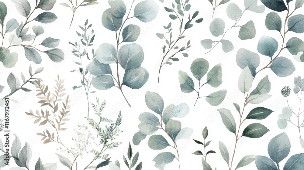 94.A delicate, hand-drawn watercolor seamless pattern featuring various tropical plants such as eucalyptus, palm, and fern branches, along with lush green leaves and herbs. The natural foliage is 94.A delicate, hand-drawn watercolor seamless pattern featuring various tropical plants such as eucalyptus, palm, and fern branches, along with lush green leaves and herbs. The natural foliage is