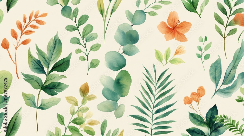 94.A delicate, hand-drawn watercolor seamless pattern featuring various tropical plants such as eucalyptus, palm, and fern branches, along with lush green leaves and herbs. The natural foliage is 94.A delicate, hand-drawn watercolor seamless pattern featuring various tropical plants such as eucalyptus, palm, and fern branches, along with lush green leaves and herbs. The natural foliage is